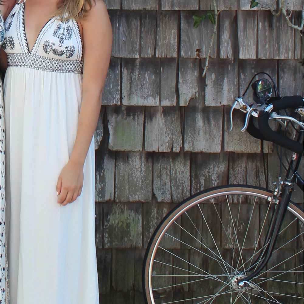 Lulu’s White Maxi Dress with Navy Embroidery